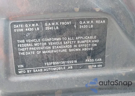 2008 Saab 9-3 2.0T z USA, uszkodzony, nr VIN YS3FB56Y381122218